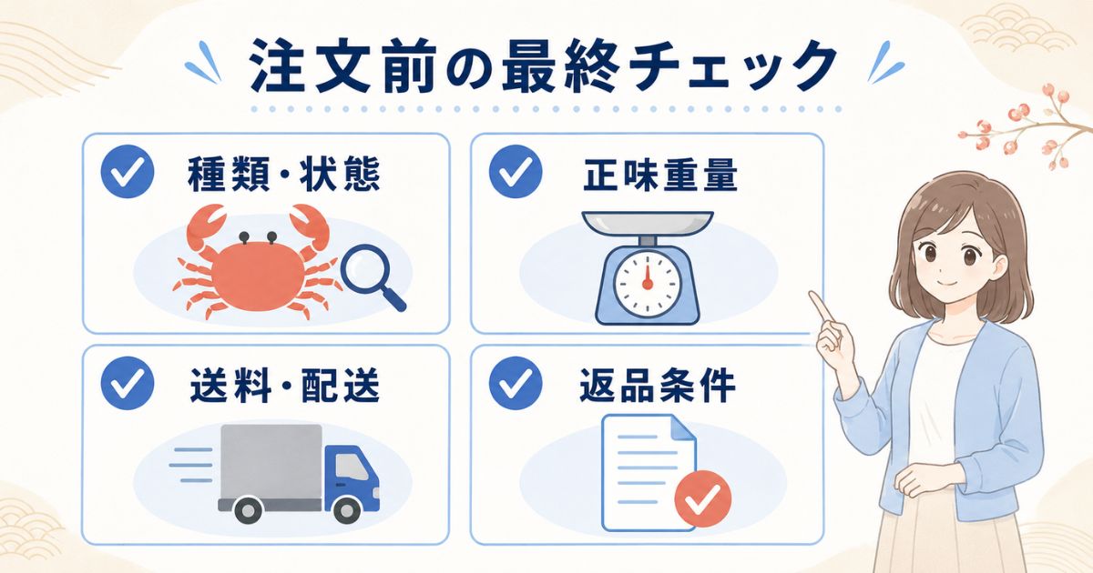 カニ通販の種類・正味重量・送料・返品条件を確認するチェック図