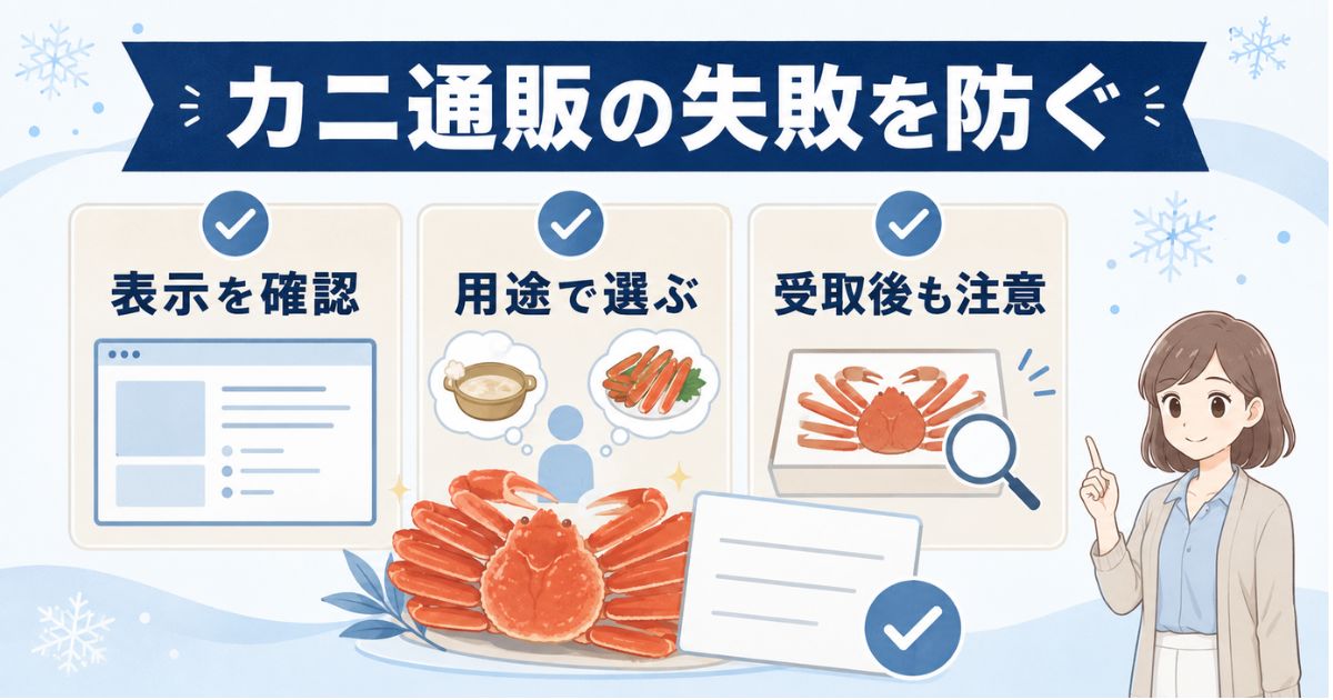 カニ通販の失敗を防ぐために表示・用途・受け取りを確認する図解