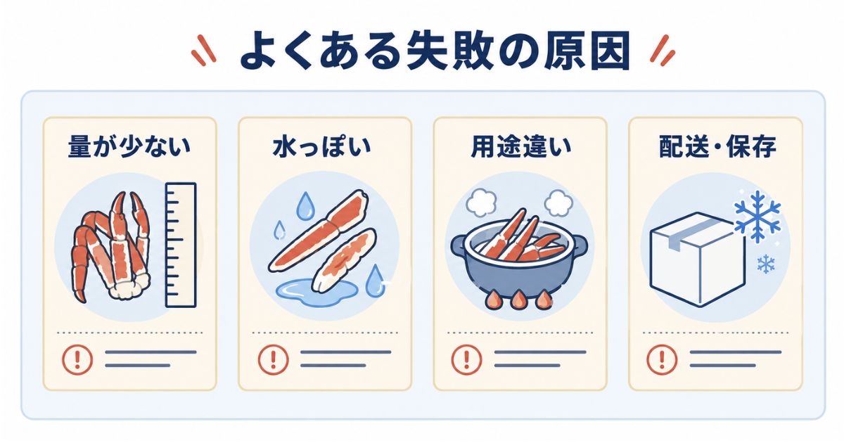 カニ通販で起こりやすい量・食感・用途・配送の失敗原因を整理した図解