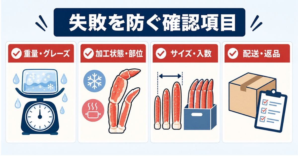 カニ通販で失敗しないための重量・加工状態・部位・配送などの確認項目を示した図解
