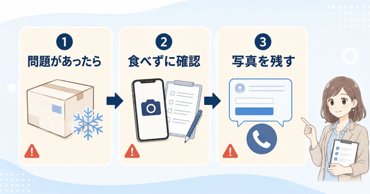 届いたカニに問題がある場合の記録と販売店への連絡手順を示した図解