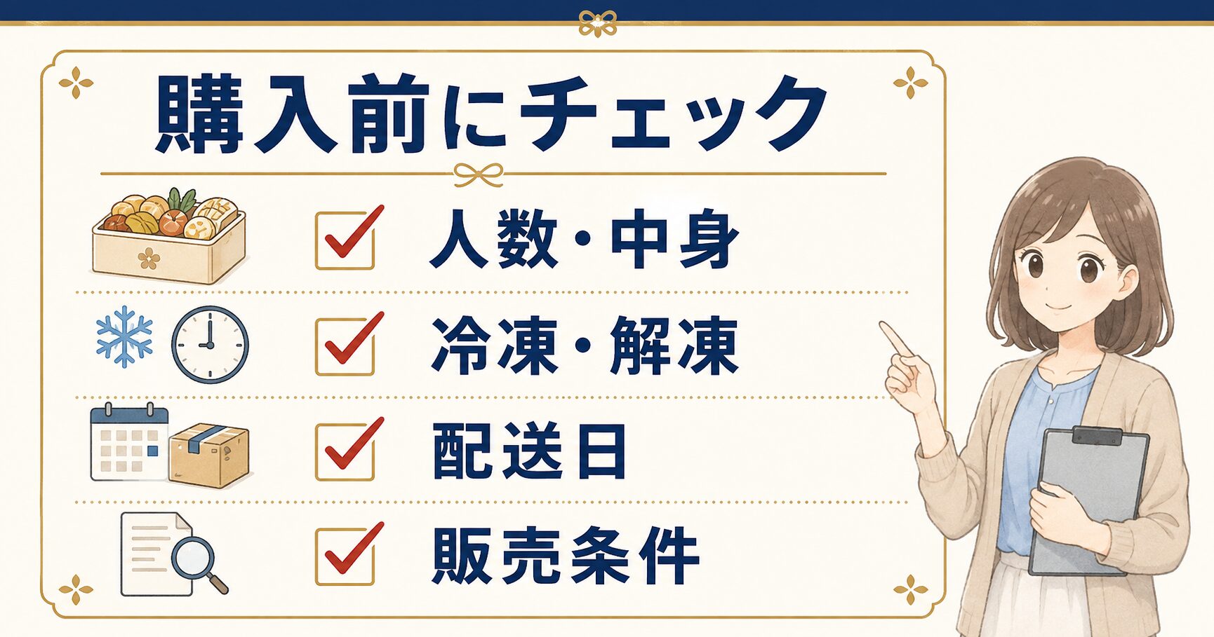 人数・解凍・配送日・販売条件の購入前チェックを示した図解