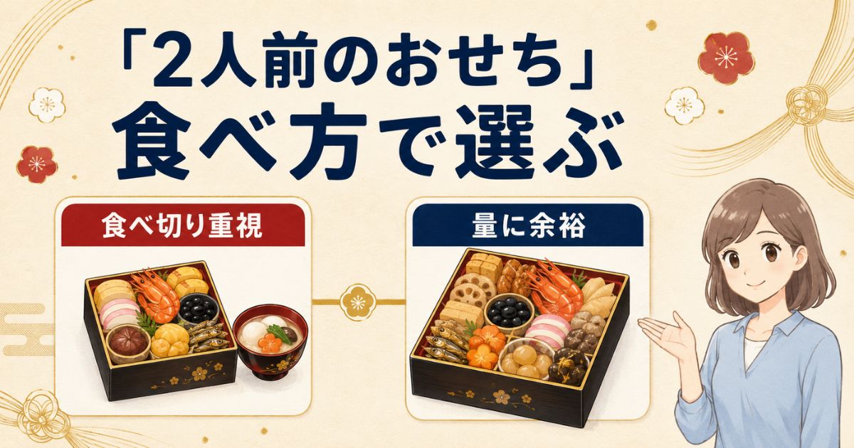 2人前のおせちを食べ方に合わせて選ぶ考え方を示した図解