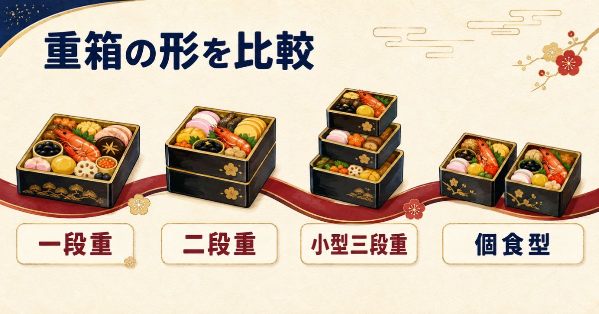 一段重・二段重・小型三段重・個食型の違いを比較した図解
