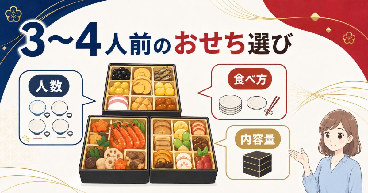 3〜4人前のおせちを人数・食べ方・内容量で選ぶポイントを示した図解