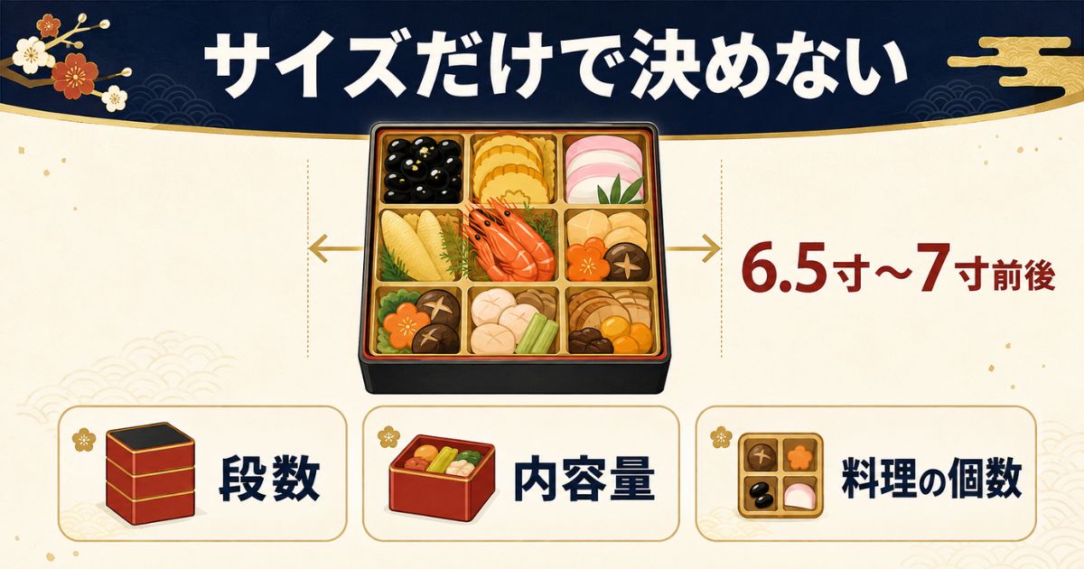 3〜4人前のおせちで重箱サイズと段数・内容量・料理の個数を確認する図解