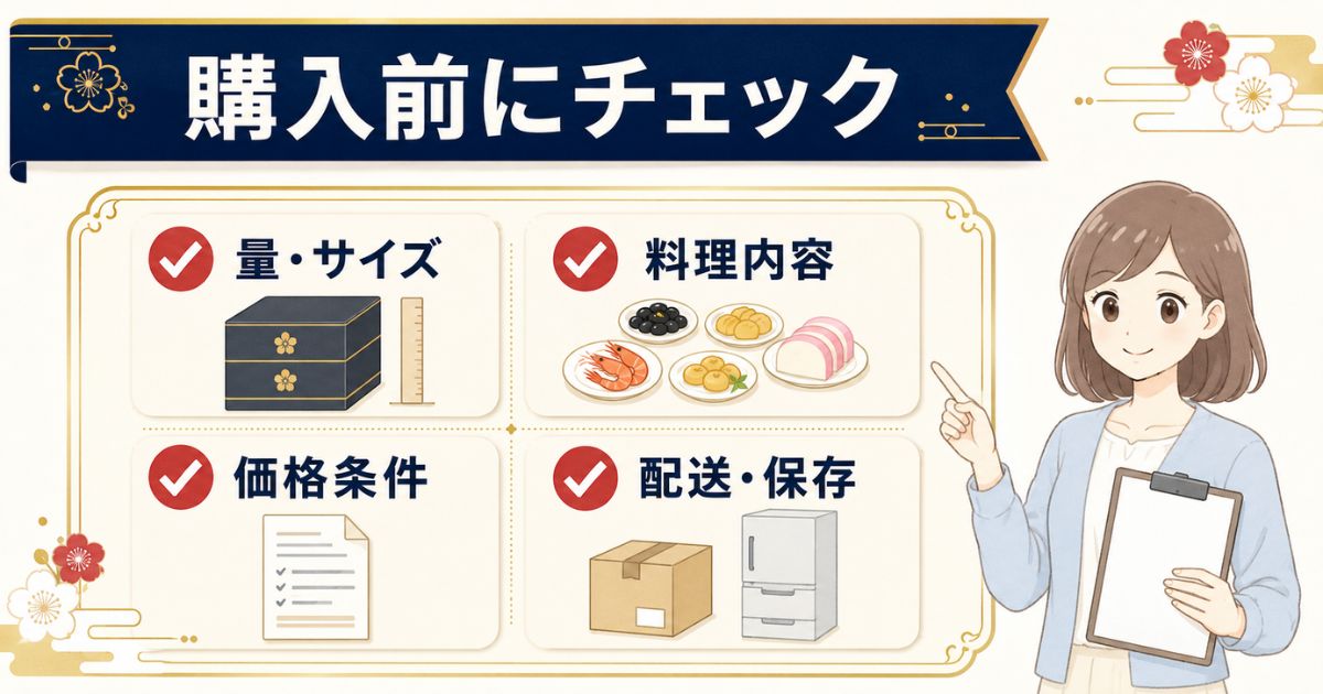 3〜4人前のおせちを購入する前に量・料理内容・価格条件・配送保存を確認する図解