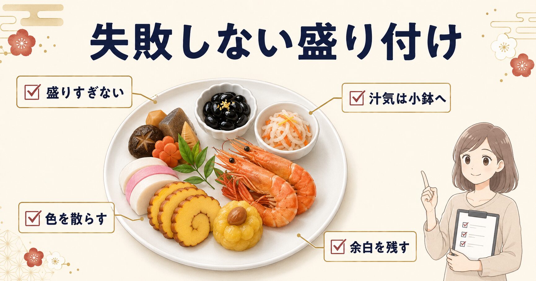 ワンプレートおせちのよくある失敗と直し方を示したチェック図